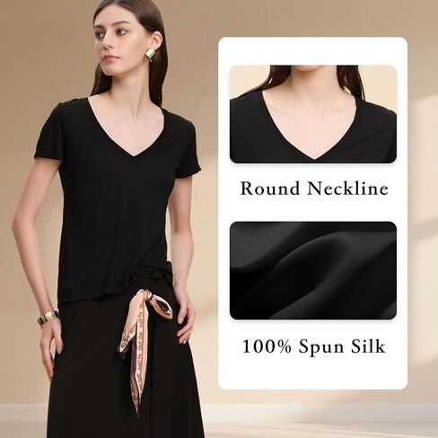 100% Mulberry Silk Tee Shirt for Women Basic T-Shirts Short Sleeve V Neck Soft Tops Summer Spring Dressy Casual Tees in Saudi Arabia