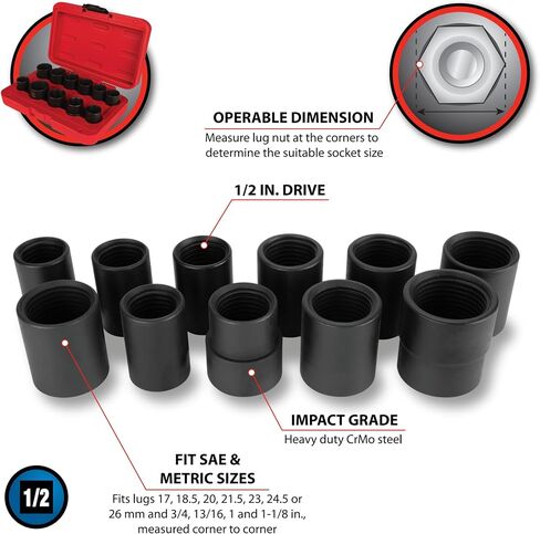 Performance Tool M991 11pc Master Lug Nut Socket Set, Designed to fit Lug Nuts That Measure 17, 18.5, 20, 21.5, 23, 24.5 or 26mm and 3/4, 13/16, 1 and 1-1/8-Inch in Saudi Arabia