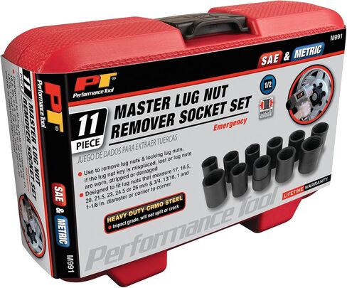 Performance Tool M991 11pc Master Lug Nut Socket Set, Designed to fit Lug Nuts That Measure 17, 18.5, 20, 21.5, 23, 24.5 or 26mm and 3/4, 13/16, 1 and 1-1/8-Inch in Saudi Arabia