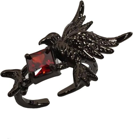 Black Hummingbird Punk Statement Ring for Women Men Red CZ Cubic Zirconia Gothic Vintage Style Open Band Flying Bird Unique Rings Fashion Steampunk Jewelry Halloween Festival Party Decor Size 7 in Saudi Arabia