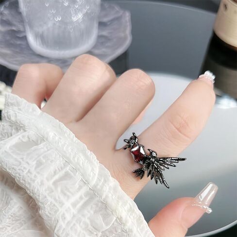 Black Hummingbird Punk Statement Ring for Women Men Red CZ Cubic Zirconia Gothic Vintage Style Open Band Flying Bird Unique Rings Fashion Steampunk Jewelry Halloween Festival Party Decor Size 7 in Saudi Arabia
