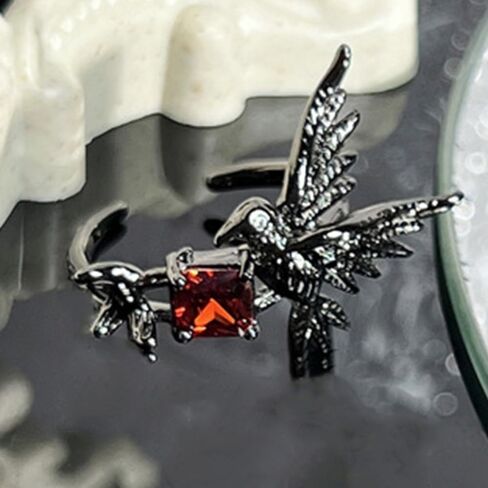 Black Hummingbird Punk Statement Ring for Women Men Red CZ Cubic Zirconia Gothic Vintage Style Open Band Flying Bird Unique Rings Fashion Steampunk Jewelry Halloween Festival Party Decor Size 7 in Saudi Arabia