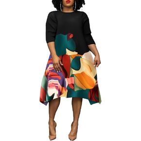 Women's Plus Size Midi Dress Floral Print 3/4 Sleeve A-Line Asymmetric Hem Casual Flowy Party Beach Midi Dresses in Saudi Arabia