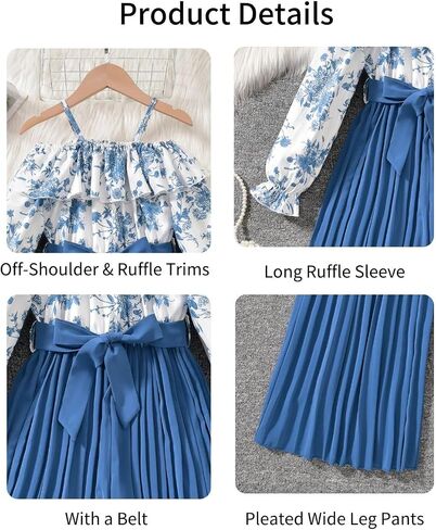 HIHA Girls Off The Shoulder Jumpsuit Pleated Pants Set Fall Winter Outfit Size 6-12 in Saudi Arabia