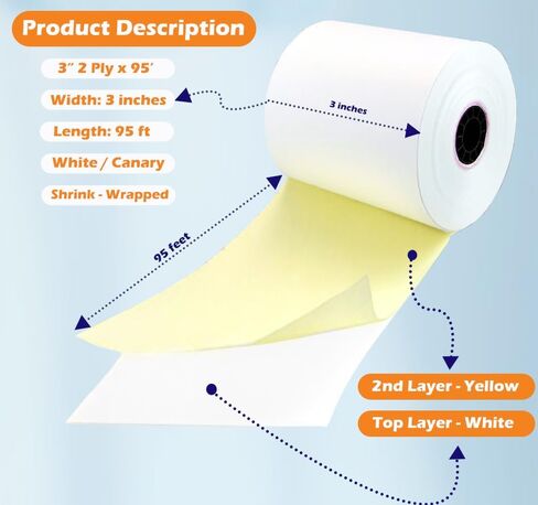 (32 Rolls) 2 Ply Carbonless Rolls 3" X 95 Feet White/Yellow Receipt Paper POS Cash Register Two Ply White/Canary for Star Micronics SP700 SP2000 UP389 Omni 480 TMU 220 250 Require Ribbons ERC30/34/38 in Saudi Arabia