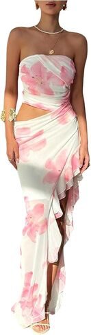 Milumia Women's Floral Cut Out Vacation Dress Ruffle Asymmetrical Strapless Sundress Long Dresses in Saudi Arabia