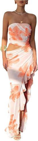 Milumia Women's Floral Cut Out Vacation Dress Ruffle Asymmetrical Strapless Sundress Long Dresses in Kuwait