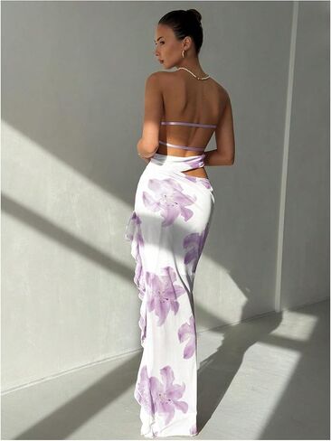 Milumia Women's Floral Cut Out Vacation Dress Ruffle Asymmetrical Strapless Sundress Long Dresses in Kuwait
