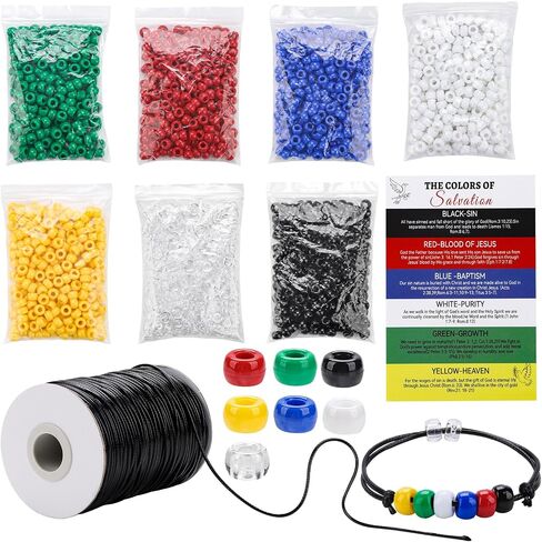 1400 Pcs Plan of Salvation Bracelet Kit Bead Bulk Wordless Faith Bracelet Black White Red Green Yellow Blue Clear Beads with 100 Yards Waxed Cotton Thread Cord Christian Beads for Bracelets in Kuwait
