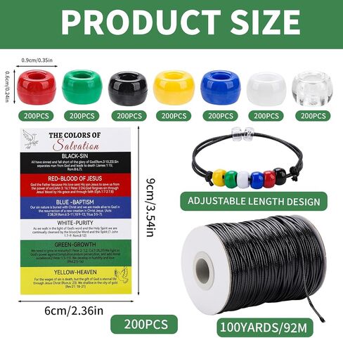 1400 Pcs Plan of Salvation Bracelet Kit Bead Bulk Wordless Faith Bracelet Black White Red Green Yellow Blue Clear Beads with 100 Yards Waxed Cotton Thread Cord Christian Beads for Bracelets in Kuwait