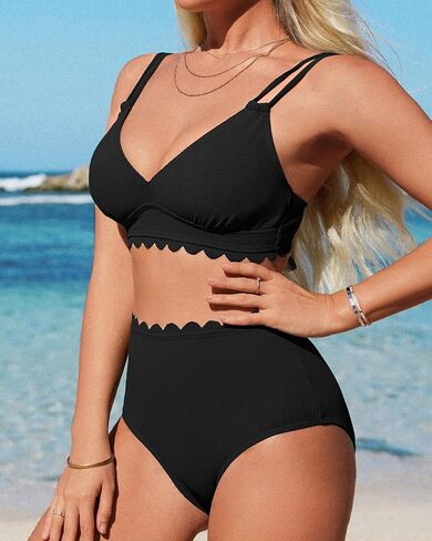 Women Scallop Trim Bikini Set V Neck Double Shoulder Straps Two Piece Bathing Suit Ribbed Swimsuits in Saudi Arabia
