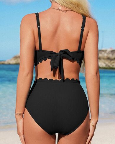 Women Scallop Trim Bikini Set V Neck Double Shoulder Straps Two Piece Bathing Suit Ribbed Swimsuits in Saudi Arabia