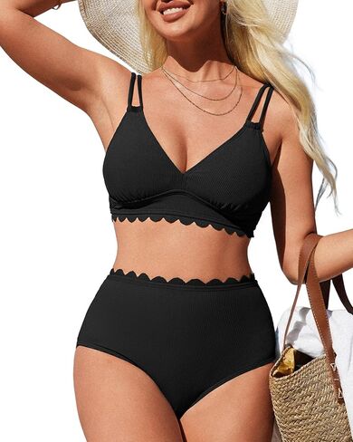 Women Scallop Trim Bikini Set V Neck Double Shoulder Straps Two Piece Bathing Suit Ribbed Swimsuits in Saudi Arabia