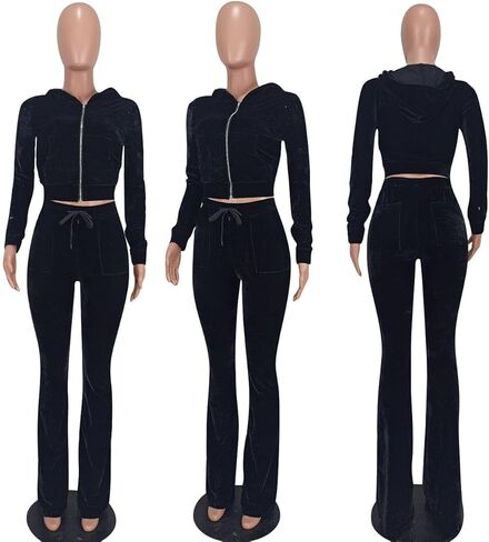 Yeshire Womens 2 Piece Outfits Velvet Sweatsuits Zip-up Hoodie Jacket Casual Jogging Set Tracksuit Set with Pockets in Kuwait