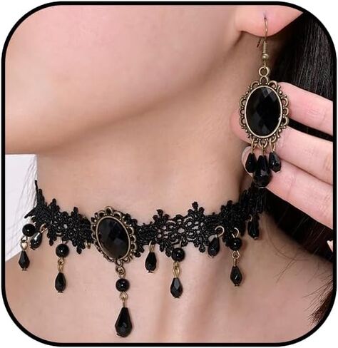 Atiptu Gothic Vampire Lace Choker Necklace Earrings for Women Black Crystal Cameo Earrings Vampire Blood Teardrop Necklace Halloween Mystic Witch Costume Accessories in Saudi Arabia