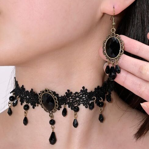 Atiptu Gothic Vampire Lace Choker Necklace Earrings for Women Black Crystal Cameo Earrings Vampire Blood Teardrop Necklace Halloween Mystic Witch Costume Accessories in Saudi Arabia