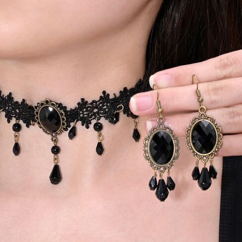 Atiptu Gothic Vampire Lace Choker Necklace Earrings for Women Black Crystal Cameo Earrings Vampire Blood Teardrop Necklace Halloween Mystic Witch Costume Accessories in Saudi Arabia