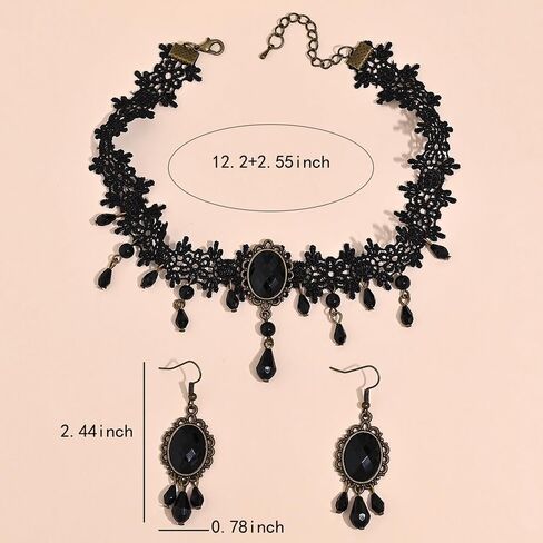 Atiptu Gothic Vampire Lace Choker Necklace Earrings for Women Black Crystal Cameo Earrings Vampire Blood Teardrop Necklace Halloween Mystic Witch Costume Accessories in Saudi Arabia