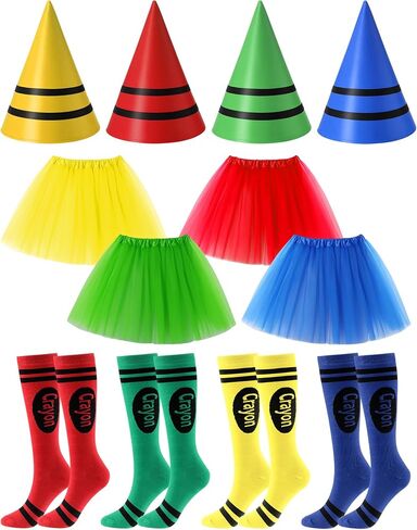 Mepase 4 Set Crayon Costumes for Women Colorful Tutu Skirt Gnome Cone Hat Crayon Socks for Halloween Group Team Costume Party Cosplay Accessories in Saudi Arabia