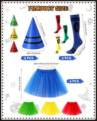 Mepase 4 Set Crayon Costumes for Women Colorful Tutu Skirt Gnome Cone Hat Crayon Socks for Halloween Group Team Costume Party Cosplay Accessories in Saudi Arabia