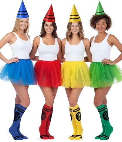 Mepase 4 Set Crayon Costumes for Women Colorful Tutu Skirt Gnome Cone Hat Crayon Socks for Halloween Group Team Costume Party Cosplay Accessories in Saudi Arabia