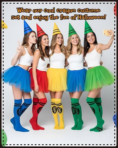 Mepase 4 Set Crayon Costumes for Women Colorful Tutu Skirt Gnome Cone Hat Crayon Socks for Halloween Group Team Costume Party Cosplay Accessories in Saudi Arabia