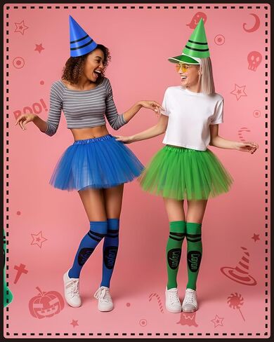 Mepase 4 Set Crayon Costumes for Women Colorful Tutu Skirt Gnome Cone Hat Crayon Socks for Halloween Group Team Costume Party Cosplay Accessories in Saudi Arabia