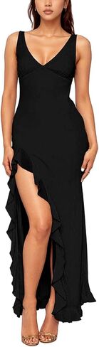 فستان نسائي مثير بياقة على شكل V بدون أكمام وكشكشة شبكية وفتحة عالية فستان ماكسي غير رسمي بدون ظهر وحفلات الكوكتيل وحفلات الزفاف in Kuwait