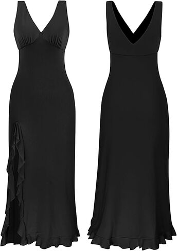 فستان نسائي مثير بياقة على شكل V بدون أكمام وكشكشة شبكية وفتحة عالية فستان ماكسي غير رسمي بدون ظهر وحفلات الكوكتيل وحفلات الزفاف in Kuwait