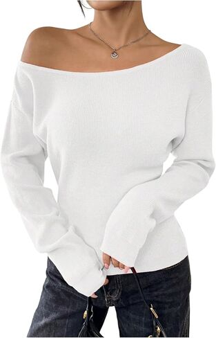 Women's Off The Shoulder Sweater Tops Long Sleeve Ribbed Knit Sweater Pullovers Knitwear Trendy in Saudi Arabia