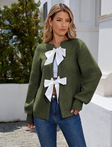 Lianlive Women's Bow Tie Front Cardigan Sweater Long Sleeve Knit Sweaters Top Open Front Chunky Coat Knitwear in Kuwait