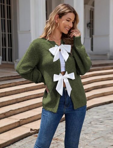 Lianlive Women's Bow Tie Front Cardigan Sweater Long Sleeve Knit Sweaters Top Open Front Chunky Coat Knitwear in Kuwait