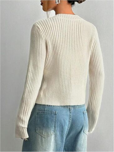 OYOANGLE Women's 3D Flower Split Front Ribbed Knit Button Down V Neck Lightweight Cropped Cardigan Sweater in Saudi Arabia