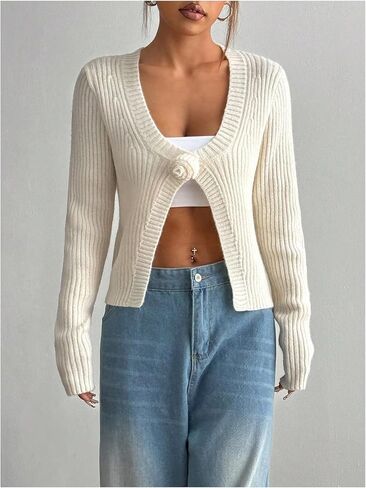 OYOANGLE Women's 3D Flower Split Front Ribbed Knit Button Down V Neck Lightweight Cropped Cardigan Sweater in Saudi Arabia