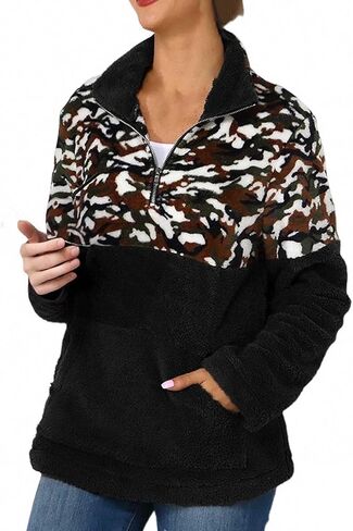 Womens Half Zip Sherpa Fleece Pullover Cheetah Printed Soft Oversized Sweatshirt with Pockets Warm Fuzzy Sweater in Saudi Arabia
