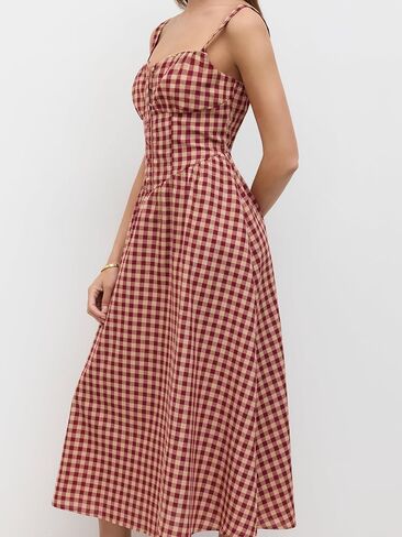 CIDER Maxi Dress for Women Gingham Cotton Blend Square Neck Casual Lined Summer Vacation Dress Middle Waist in Saudi Arabia