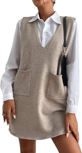 SEMATOMALA Women's Long Sweater Vest Overall Dress Oversized V Neck Sleeveless Spring Knit Shirt Short Dress in Saudi Arabia
