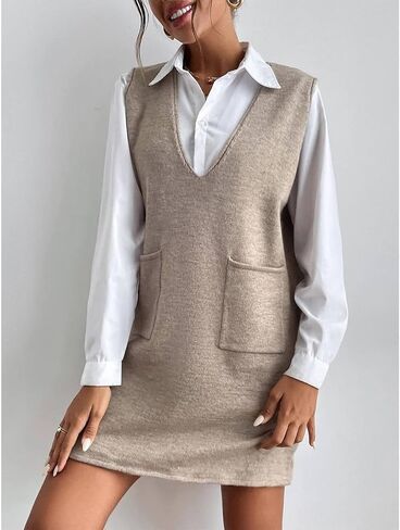 SEMATOMALA Women's Long Sweater Vest Overall Dress Oversized V Neck Sleeveless Spring Knit Shirt Short Dress in Saudi Arabia