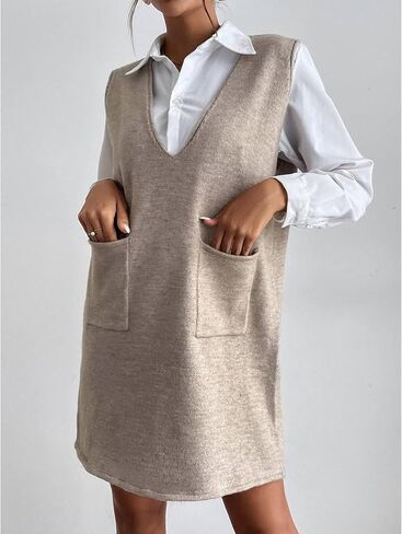 SEMATOMALA Women's Long Sweater Vest Overall Dress Oversized V Neck Sleeveless Spring Knit Shirt Short Dress in Saudi Arabia