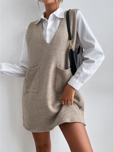SEMATOMALA Women's Long Sweater Vest Overall Dress Oversized V Neck Sleeveless Spring Knit Shirt Short Dress in Saudi Arabia