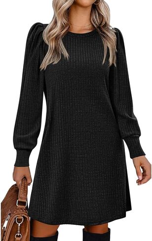 Women's Knit Dress with Puff Sleeves for Fall & Winter - Round Neck Casual Tunic Dress in Saudi Arabia