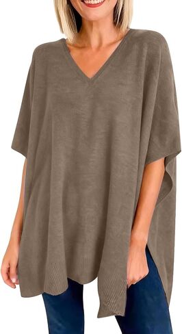 Womens Poncho Sweater V Neck Short Sleeve Shawl Pullover Women Cable Knit Casual Loose Tops in Saudi Arabia