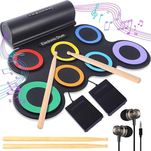 Electronic Drum Kit 9 Pads, Roll-up Practice Drum Set With Headphone and 2 Pairs Drumsticks, 8H Playing With Built-in Dual Speaker, USB MIDI Jack for Teens, and Adults Beginner, Hoilday Birthday Gift in Kuwait