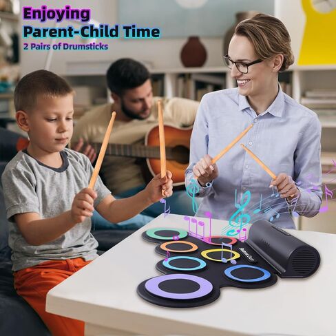 Electronic Drum Kit 9 Pads, Roll-up Practice Drum Set With Headphone and 2 Pairs Drumsticks, 8H Playing With Built-in Dual Speaker, USB MIDI Jack for Teens, and Adults Beginner, Hoilday Birthday Gift in Kuwait