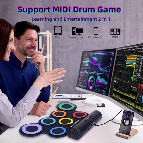 Electronic Drum Kit 9 Pads, Roll-up Practice Drum Set With Headphone and 2 Pairs Drumsticks, 8H Playing With Built-in Dual Speaker, USB MIDI Jack for Teens, and Adults Beginner, Hoilday Birthday Gift in Kuwait