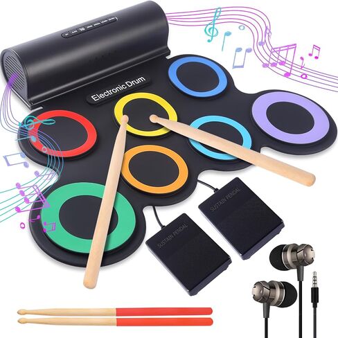 Electronic Drum Kit 9 Pads, Roll-up Practice Drum Set With Headphone and 2 Pairs Drumsticks, 8H Playing With Built-in Dual Speaker, USB MIDI Jack for Teens, and Adults Beginner, Hoilday Birthday Gift in Kuwait