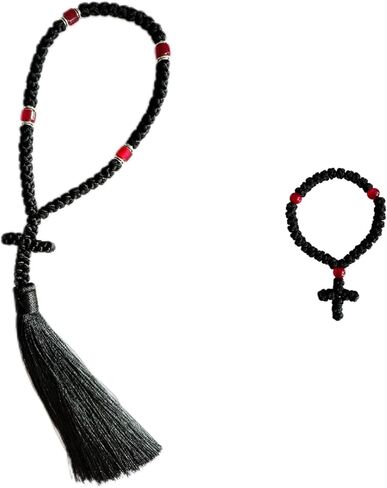 2PCS Black Chotki 33 Knot Christian Orthodox Prayer Rope with 50 Knot, Handmade Blue Beads Greek Omboskoini Prayer Rope,Protection Blessing Cross Charm Tassel Car Hanging Gift (Black&Red) in Saudi Arabia
