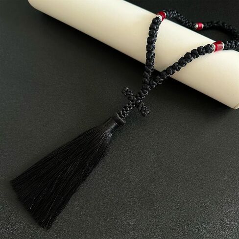 2PCS Black Chotki 33 Knot Christian Orthodox Prayer Rope with 50 Knot, Handmade Blue Beads Greek Omboskoini Prayer Rope,Protection Blessing Cross Charm Tassel Car Hanging Gift (Black&Red) in Saudi Arabia
