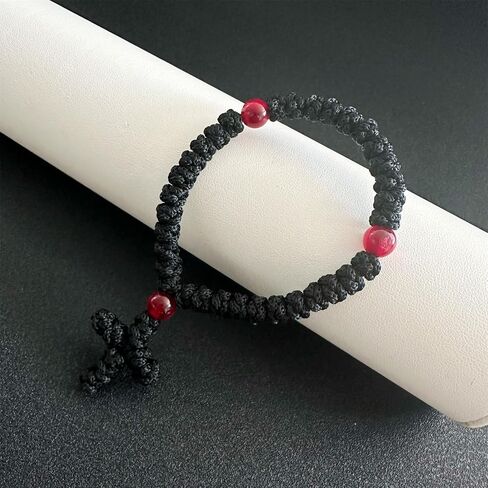 2PCS Black Chotki 33 Knot Christian Orthodox Prayer Rope with 50 Knot, Handmade Blue Beads Greek Omboskoini Prayer Rope,Protection Blessing Cross Charm Tassel Car Hanging Gift (Black&Red) in Saudi Arabia