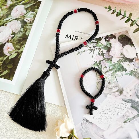 2PCS Black Chotki 33 Knot Christian Orthodox Prayer Rope with 50 Knot, Handmade Blue Beads Greek Omboskoini Prayer Rope,Protection Blessing Cross Charm Tassel Car Hanging Gift (Black&Red) in Saudi Arabia